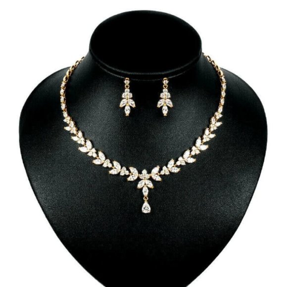 Gold Wedding Bridal Earrings Necklace Set Cubic Zirconia Grade 3A CZ Crystal - Picture 1 of 2